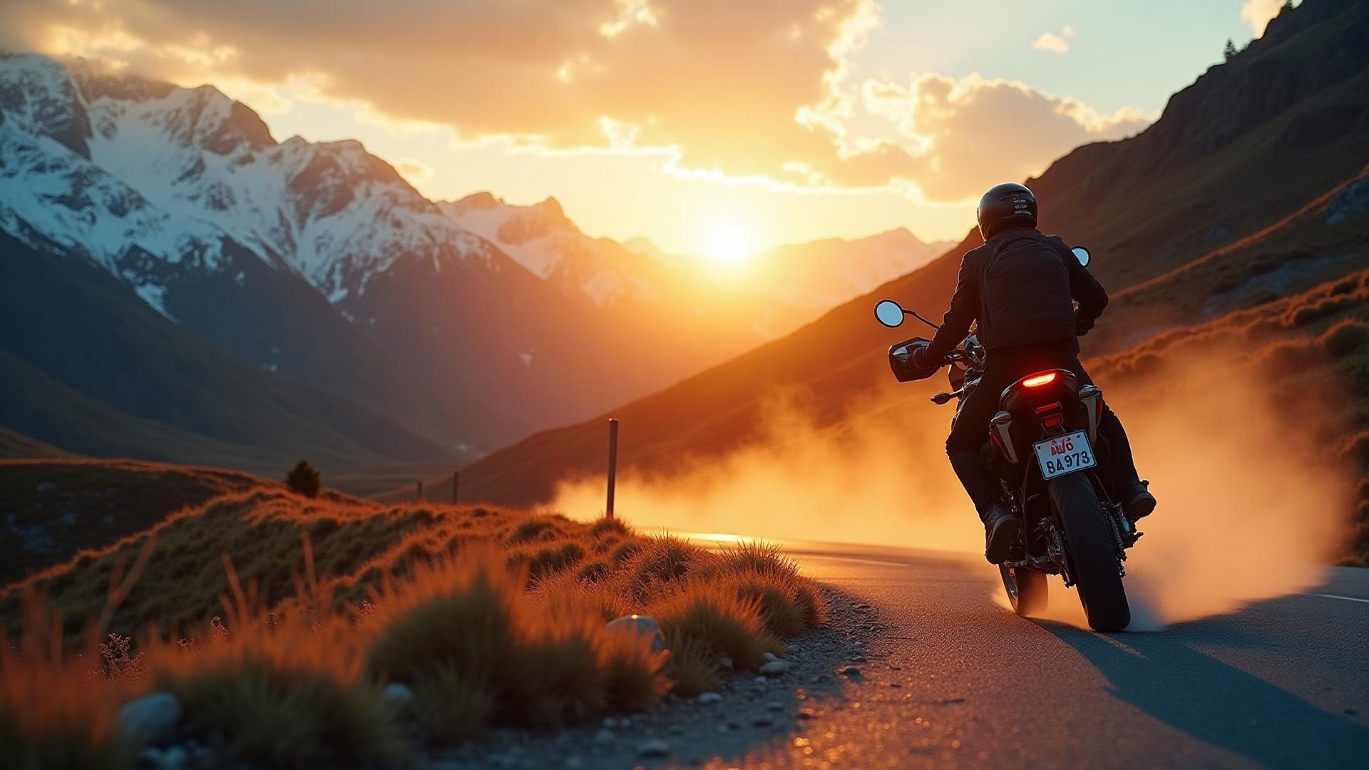 Motorsyklist kjører mot solnedgang i utenlandske fjell